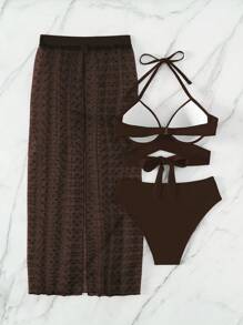 裹胸式比基尼套装，配有罩衫裙，适合夏季度假 - 巧克力棕 - 查看 4