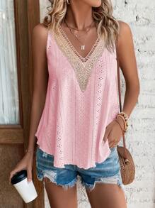 SHEIN LUNE Guipure Lace Panel Schiffy Tank Top - Pink - View 1