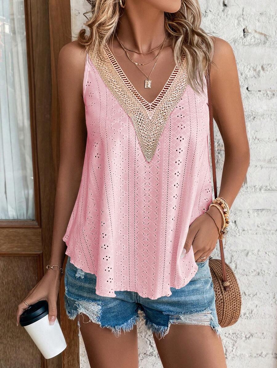 SHEIN LUNE Guipure Lace Panel Schiffy Tank Top - Pink - View 1