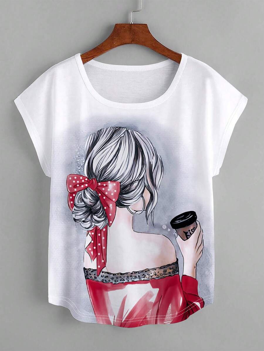 SHEIN LUNE Figure Graphic Batwing Sleeve Curved Hem Tee - White - View 1