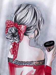 SHEIN LUNE Figure Graphic Batwing Sleeve Curved Hem Tee - White - View 3