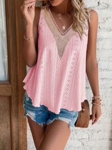 SHEIN LUNE Guipure Lace Panel Schiffy Tank Top - Pink - View 3