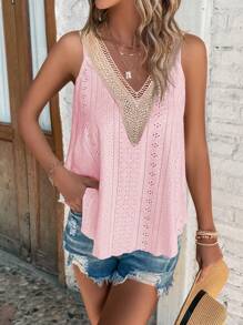 SHEIN LUNE Guipure Lace Panel Schiffy Tank Top - Pink - View 6