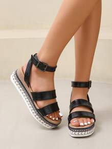 度假踝帶坡跟涼鞋適用於女士鱷魚壓紋多帶涼鞋 - 黑色 - 查看 2