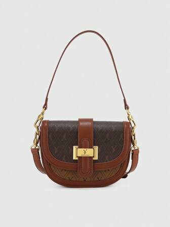 YP Mini bolso sillín con solapa Letra y patrón geométrico Decoración de metal, bolsa transparente