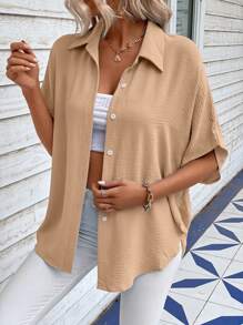 SHEIN LUNE Camisa de manga murciélago con botón delantero - Caqui - Ver 3