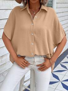 SHEIN LUNE Camisa de manga murciélago con botón delantero - Caqui - Ver 5