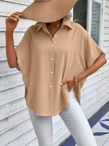 SHEIN LUNE Camisa de manga murciélago con botón delantero - Caqui - Ver 6