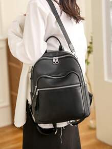 Minimalist Black Classic Backpack PU - Black - View 7