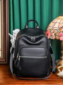 Minimalist Black Classic Backpack PU - Black - View 9
