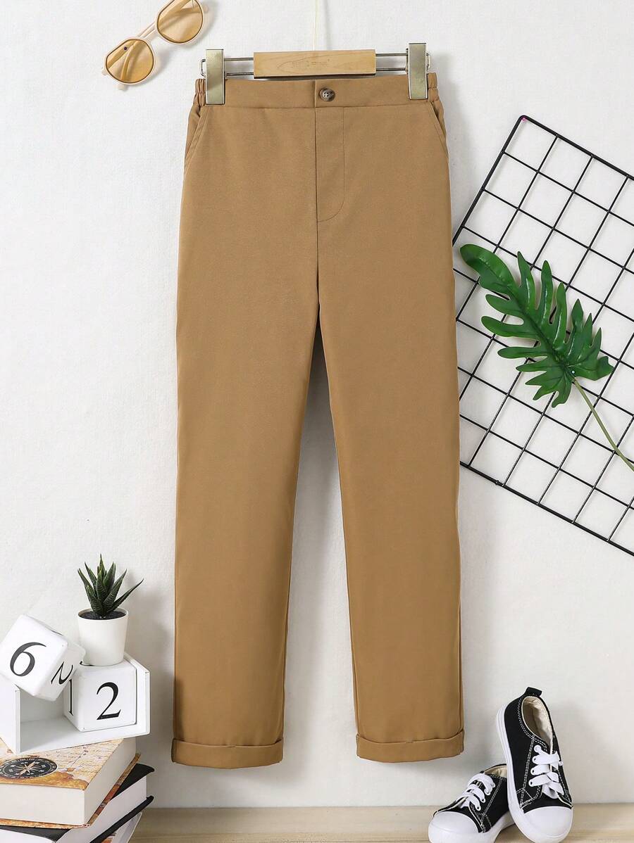 SHEIN Quần Trai Nút màu trơn Giải trí - màu nâu - Xem 1