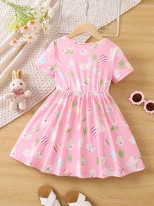 Toddler Girls Easter Egg & Rabbit Print Dress - Baby Pink - View 2
