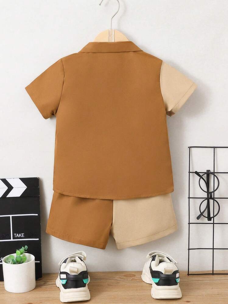 SHEIN נער צעיר חאקי קולור בלוק הפוך צווארון קז'ואל שני חלקים סט לקיץ - חאקי - ראה 2