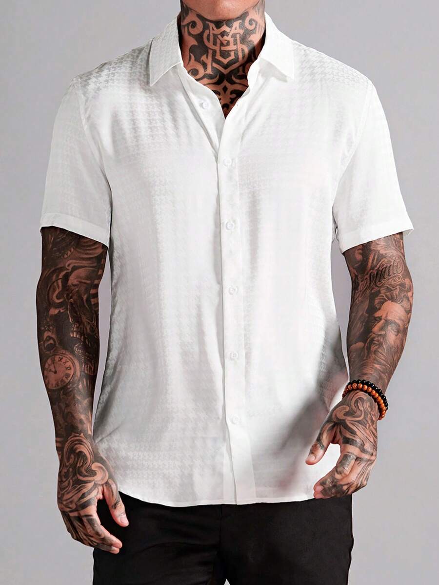 GENTILAND 宽松版型男士纯色前扣短袖休闲衬衫 - 白色 - 查看 1