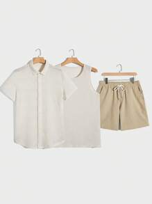 Manfinity VCAY Camicia in cotone tinta unita uomo e pantaloncini con vita con coulisse e canottiera, stile boho, vacanza, tinta unita
