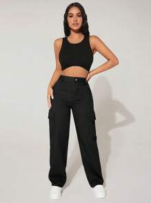 SHEIN PETITE High Waist Flap Pocket Cargo Jeans