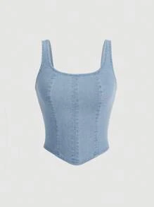 SHEIN MOD 素色後拉鏈背心牛仔上衣 - 淺色水洗藍 - 查看 1