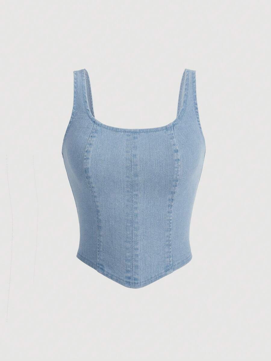SHEIN MOD 素色後拉鏈背心牛仔上衣 - 淺色水洗藍 - 查看 1
