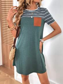 SHEIN LUNE 條紋印花口袋貼布T恤連衣裙 - 墨綠色 - 查看 6