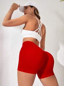 Easithlete Quần short thể thao cạp rộng trơn cho năm mới của Trung Quốc Quần short thể thao nữ, quần short tập gym, quần short đi xe đạp - Đỏ - Xem 2