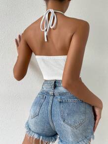 Chiquease O-ring Detail Hanky Hem Halter Top - White - View 2