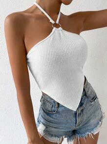 Chiquease O-ring Detail Hanky Hem Halter Top - White - View 3