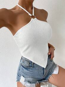 Chiquease O-ring Detail Hanky Hem Halter Top - White - View 4