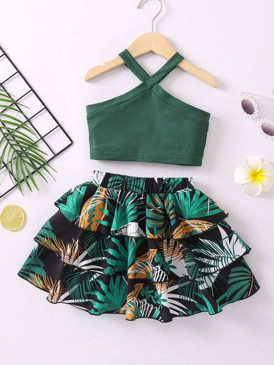 SHEIN Young Girl Green Tropical Print Vacation Halterneck 2 Piece Set For Summer,Holiday,Summer,Travel - Green - View 1