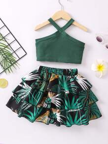 SHEIN Young Girl Green Tropical Print Vacation Halterneck 2 Piece Set For Summer,Holiday,Summer,Travel - Green - View 2