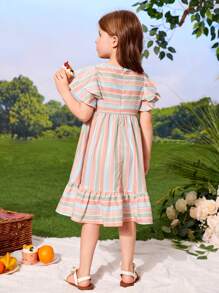 SHEIN Young Girl Striped Print Butterfly Sleeve Ruffle Hem Dress - Multicolor - View 2