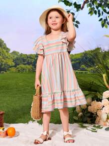 SHEIN Young Girl Striped Print Butterfly Sleeve Ruffle Hem Dress - Multicolor - View 4