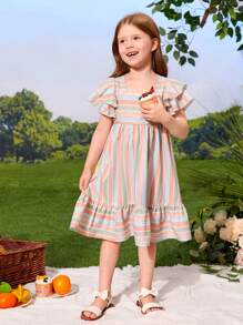 SHEIN Young Girl Striped Print Butterfly Sleeve Ruffle Hem Dress - Multicolor - View 5