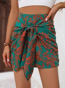 Breezaya Quần đùi nữ Dây kéo Thắt nơ trước Nhiệt đới Tất cả trên in Boho - Màu xanh lá cây đậm - Xem 5