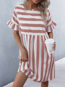 SHEIN Unity Two Tone Striped Flounce Sleeve Babydoll Dress - Multicolor - View 3