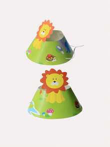 12pcs Cartoon Lion Pattern Party Hat, Creative Lion Design Paper Party Hat For Party, Holiday - Multicolor - View 2
