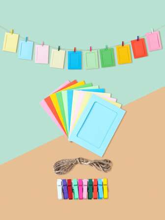 10入組帶繩索混合彩色紙質相框簡約撞色相框和夾子和繩索適用於派對、婚禮