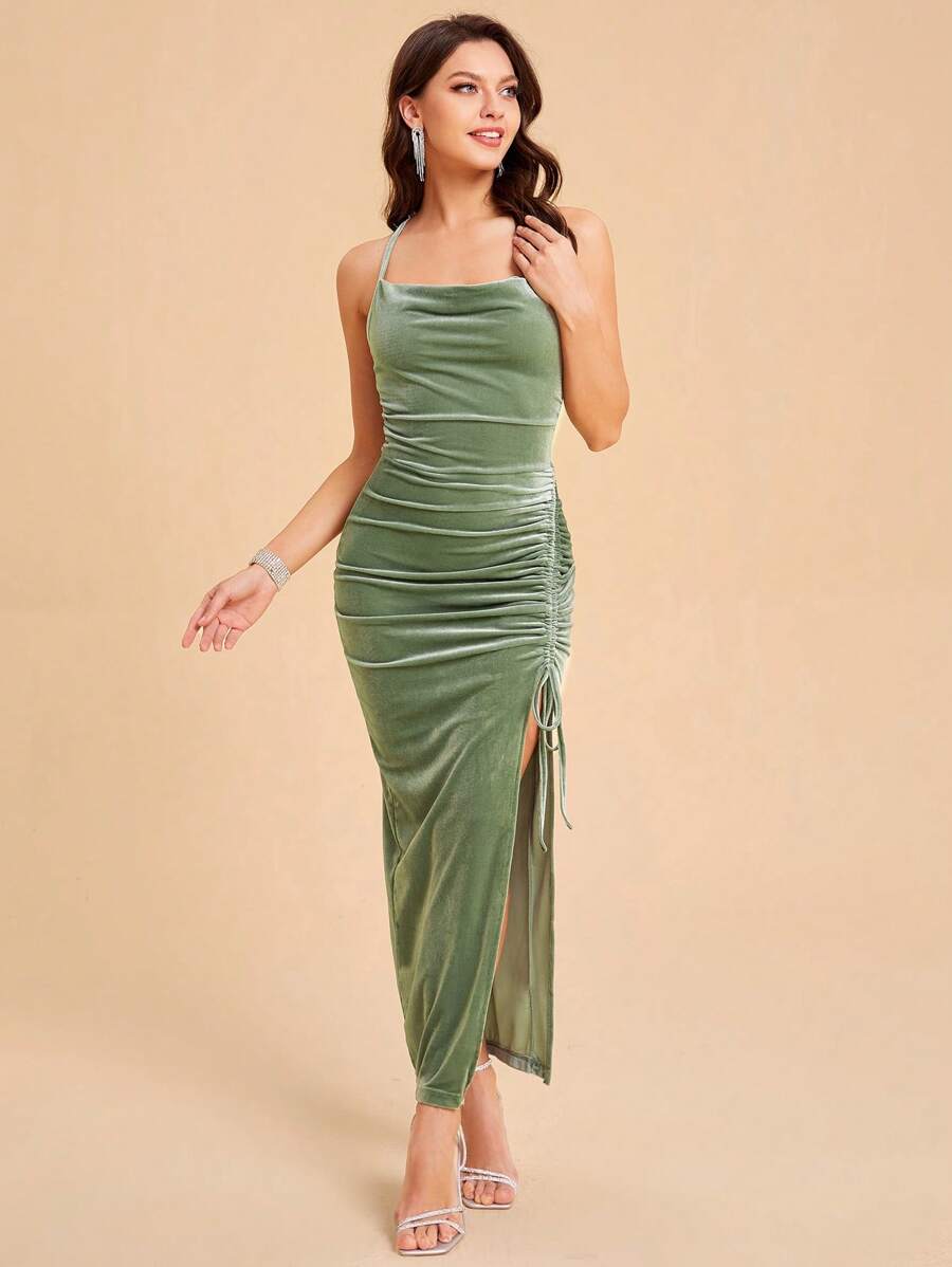 SHEIN Belle Vestido unicolor con cordón fruncido de terciopelo - verde menta - Ver 1
