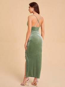 SHEIN Belle Vestido unicolor con cordón fruncido de terciopelo - verde menta - Ver 2