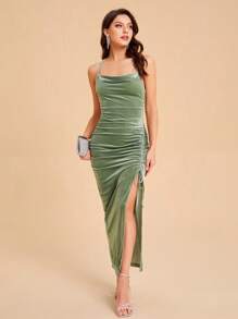 SHEIN Belle Vestido unicolor con cordón fruncido de terciopelo - verde menta - Ver 3