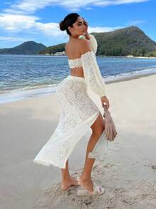 SHEIN SXY 露肩燈籠袖短上衣和開叉高腰裙，女性郵輪裝 - 杏色 - 查看 2