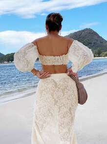 SHEIN SXY 露肩燈籠袖短上衣和開叉高腰裙，女性郵輪裝 - 杏色 - 查看 6