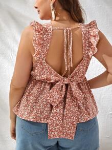 SHEIN VCAY Blusa peplum floral de espalda abierta con cordón ribete con fruncido - Rosa - Ver 1