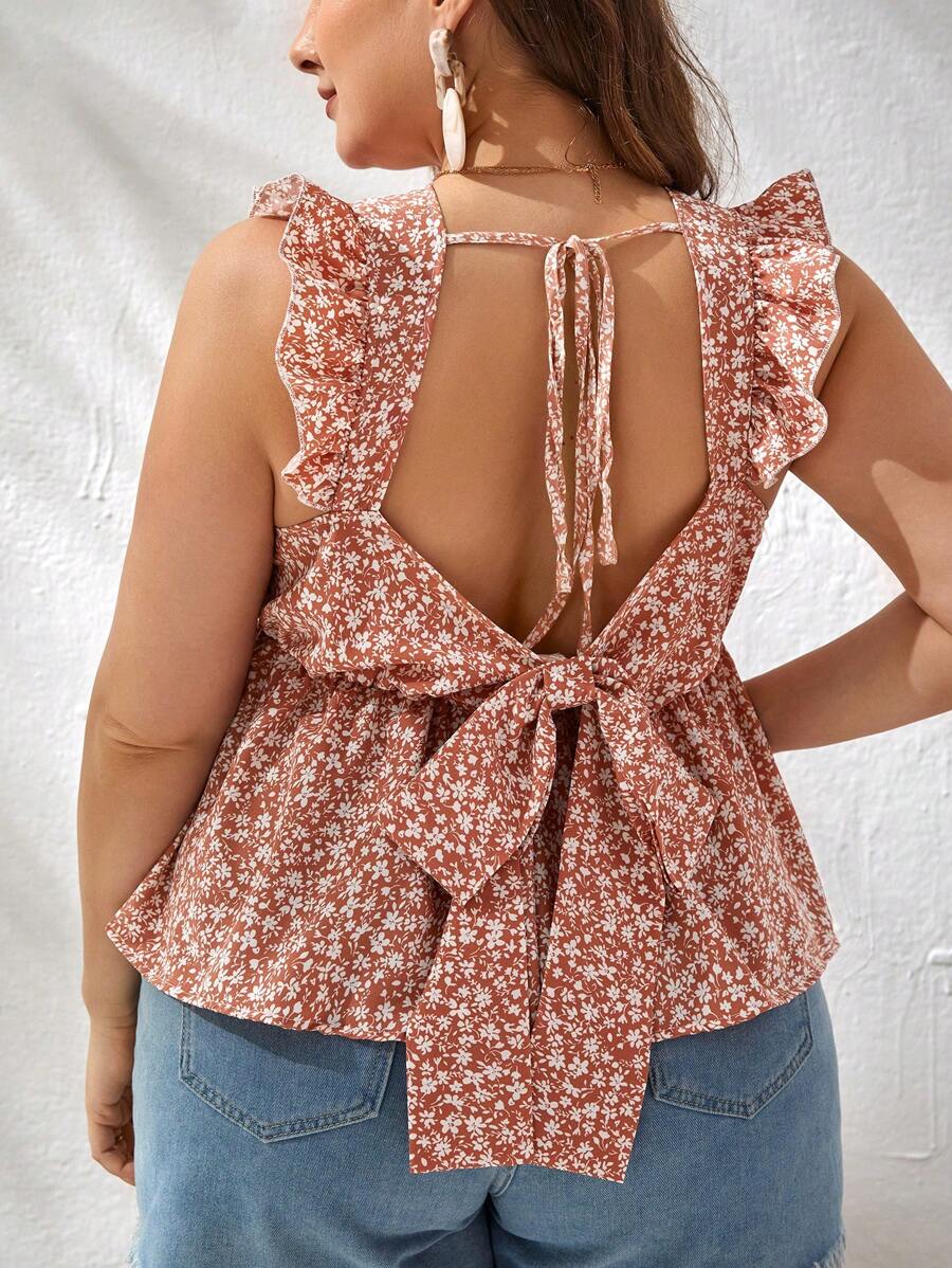 SHEIN VCAY Blusa peplum floral de espalda abierta con cordón ribete con fruncido - Rosa - Ver 1