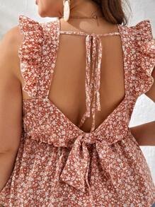 SHEIN VCAY Blusa peplum floral de espalda abierta con cordón ribete con fruncido - Rosa - Ver 3