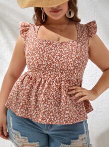SHEIN VCAY Blusa peplum floral de espalda abierta con cordón ribete con fruncido - Rosa - Ver 5
