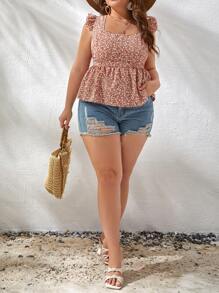 SHEIN VCAY Blusa peplum floral de espalda abierta con cordón ribete con fruncido - Rosa - Ver 7