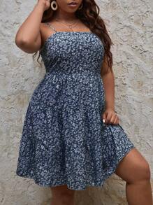 SHEIN VCAY Plus Ditsy Floral Print Cut Out Tie Backless Cami Dress - Blue and White - View 3