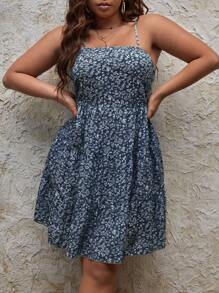SHEIN VCAY Plus Ditsy Floral Print Cut Out Tie Backless Cami Dress - Blue and White - View 4