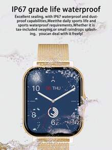 1pc Men Women Gold Stainless Steel Strap Casual Heart Rate Monitor Sleep Tracking Date Smart Watch With Watchband, Compatible With Android iphone - Gold - View 5