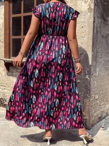 SHEIN LUNE Plus Allover Feather Print Ruffle Trim Split Thigh Dress Maxi Women Outfit - Multicolor - View 2